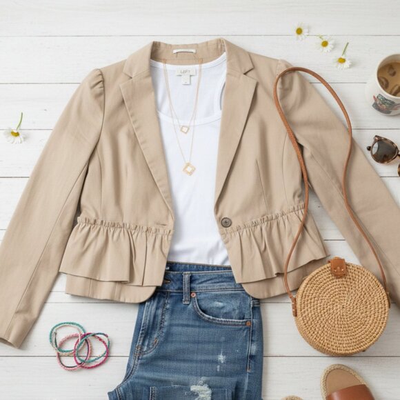 LOFT Jackets & Blazers - LOFT Tan Ruffle Hem Blazer - Size 6 - Peplum Style Career Jacket